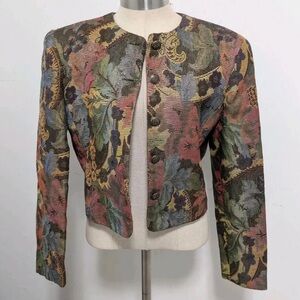 Vintage 90s Ann Taylor Metallic Brocade Floral Jacquard Tapestry Cropped Jacket